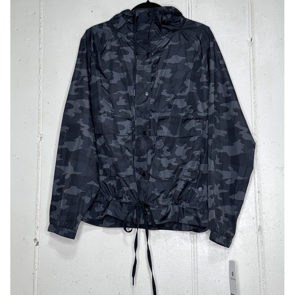 Apana L Black‎ Gray Camo Yoga Jacket Lightweight Hooded Drawstring Waist NEW - Picture 1 of 6